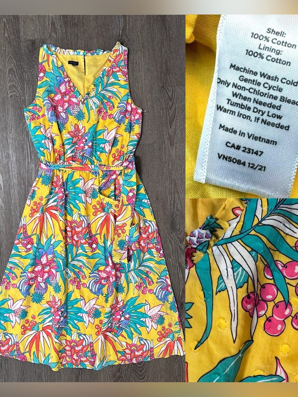 NWT Talbots Textured Dot Tropical Floral Midi Dress Yellow green Size 8